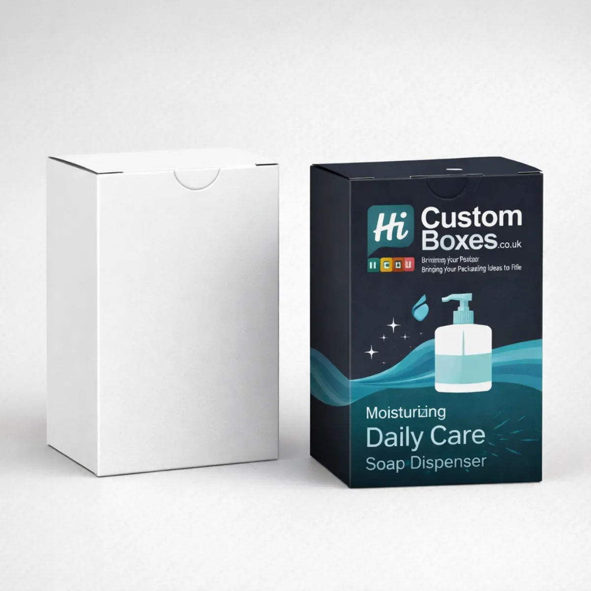 Two sturdy cardboard shipping boxes designed for soap dispensers, one in natural brown and one white.